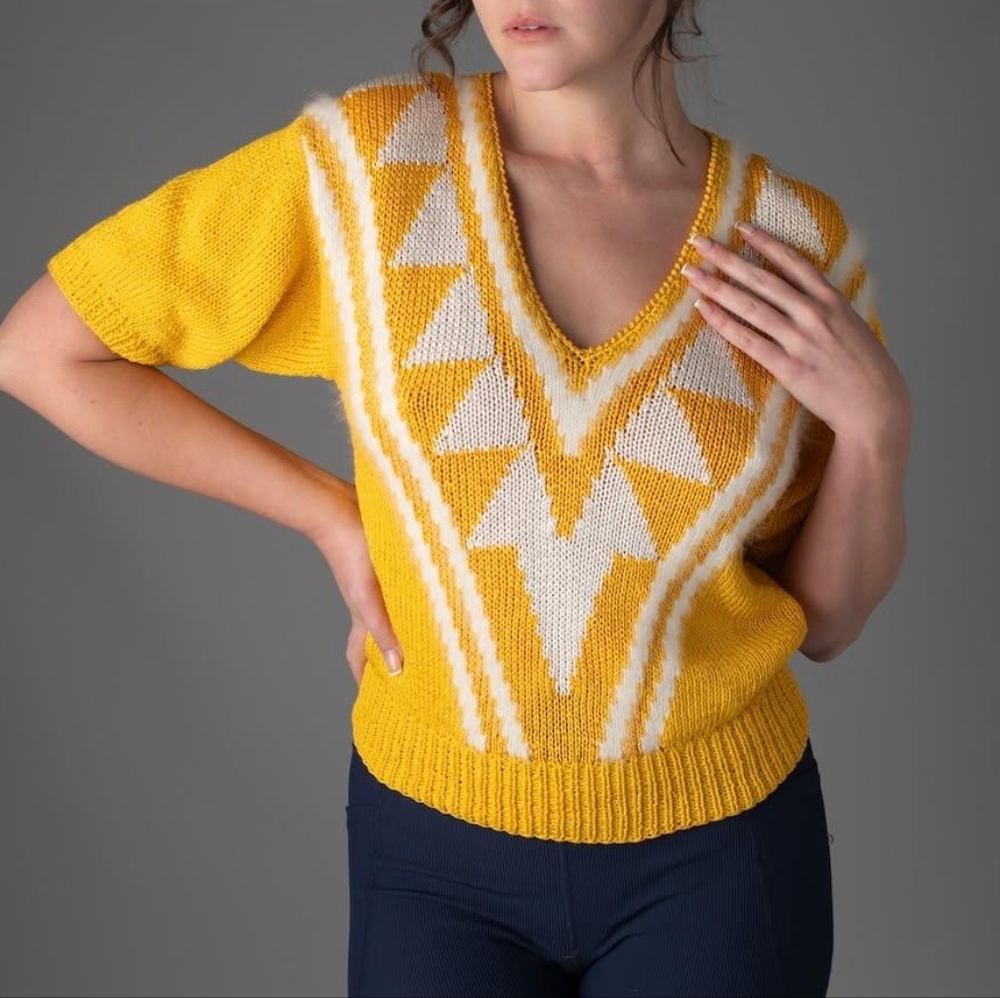 Angora Rabbit Fur Vintage Yellow and White V-Neck Sweater